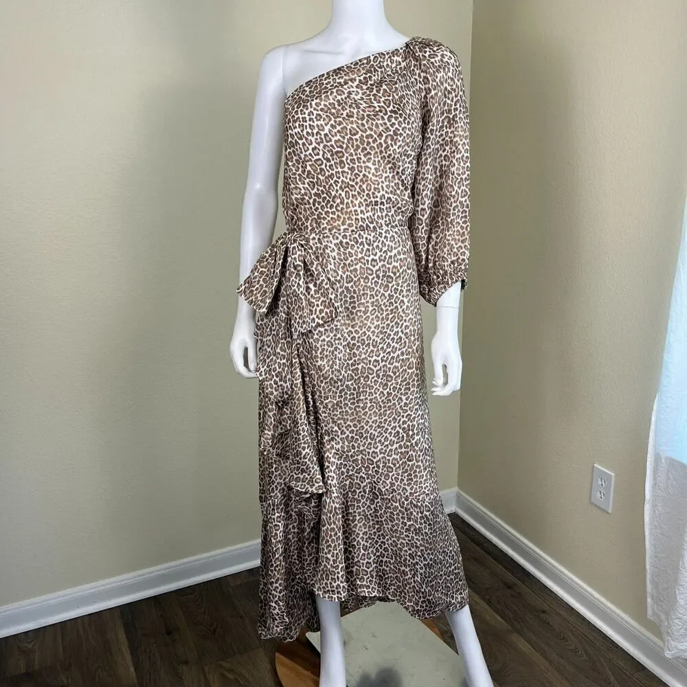 J.Crew Collection Womens Size M Leopard One Shoulder Ruffle Faux Wrap Midi Dress